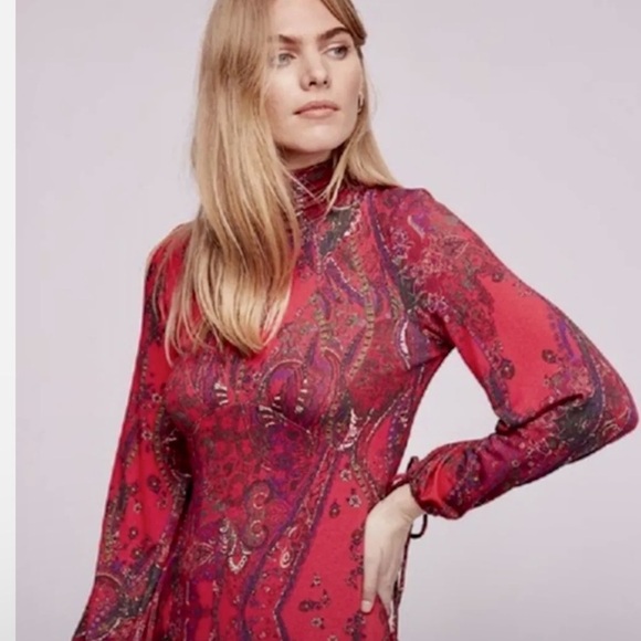 Free People All Dolled Up Women’s Red Paisley Pattern Mock Neck Boho Mini Dress - Picture 4 of 15